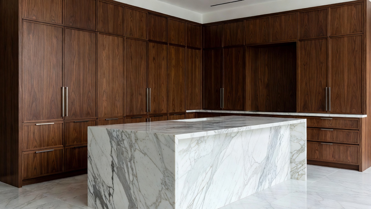 A masterfully designed luxury kitchen featuring custom warm dark oak cabinets, seamless hardware, and elegant marble island waterfall integration