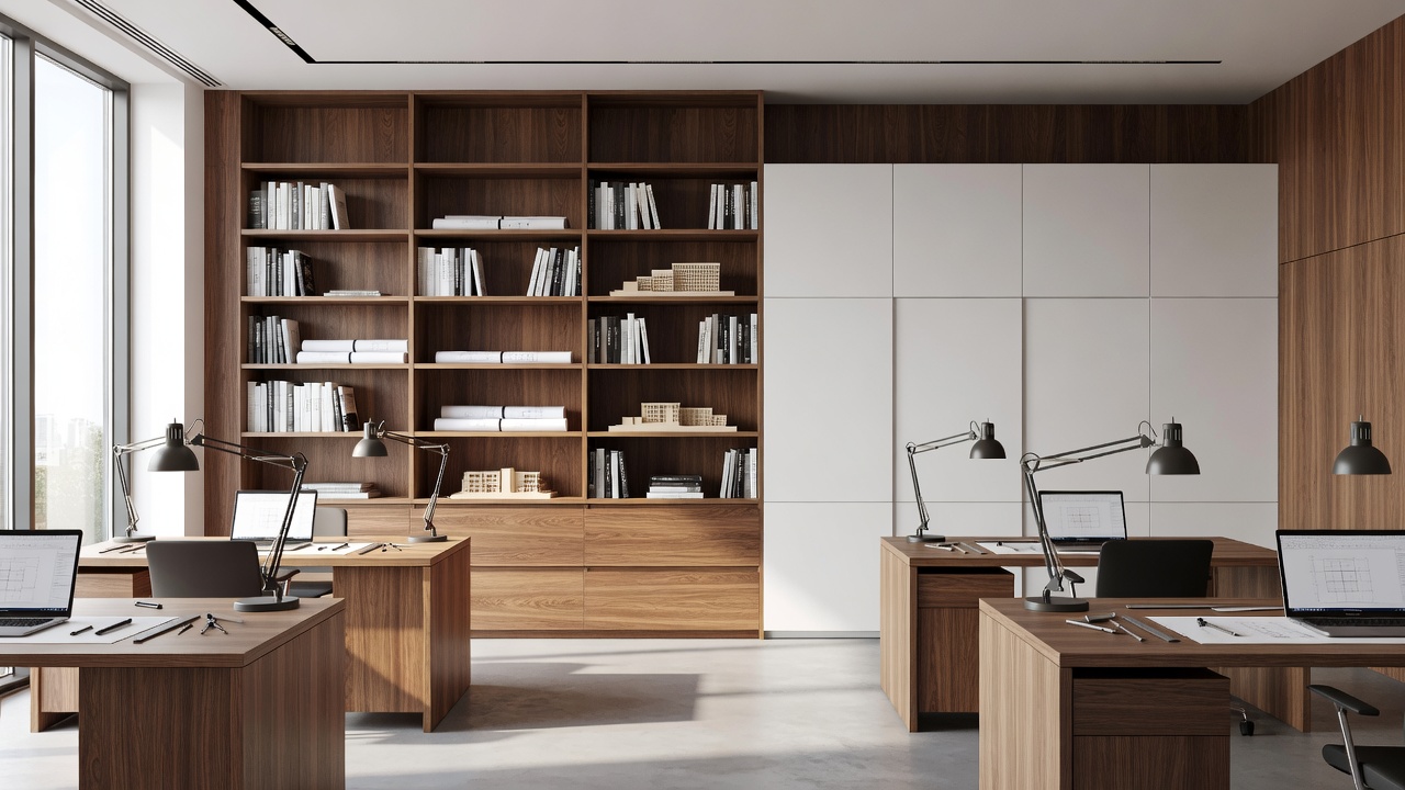 Architectural design studio workspace with clean walnut wood detailing, bookshelves, and minimalist storage modules
