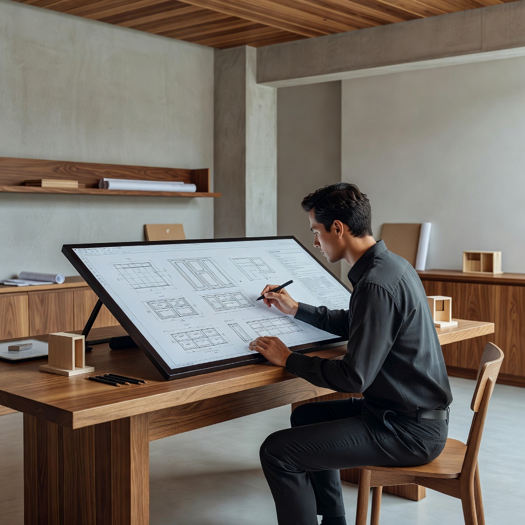 Cabinet designer drafting CAD details in clean architectural warehouse studio with wooden highlights