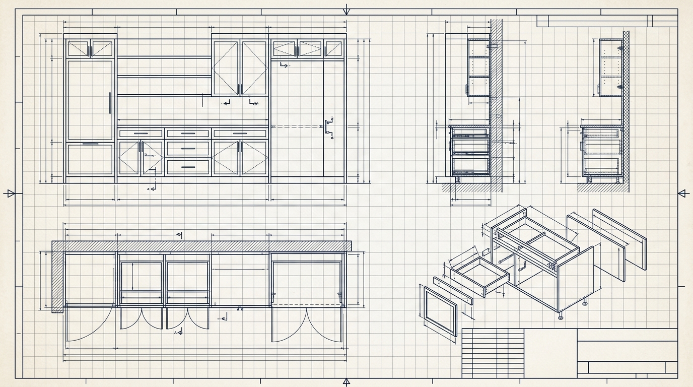 Architectural blueprint rendering showing highly precise cabinetry cabinet assembly specifications
