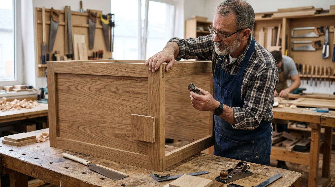 Master joiner inspecting a certified premium oak veneer cabinet frame panel for quality control and structural assurance