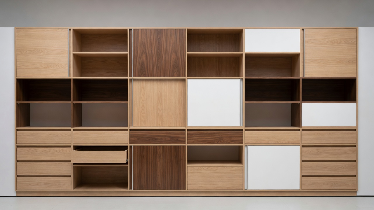Clean architectural wood meeting panel layout representing commercial office storage integrations