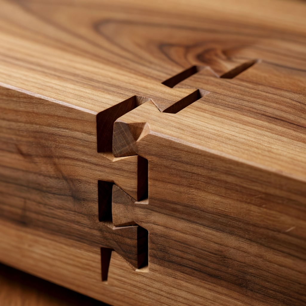 Detailed close up photo of precise solid wood joinery, showcasing natural grain and pristine interlocking craft