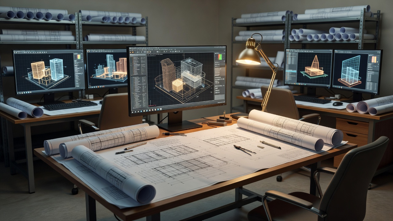 Drafting room visual showing dynamic CAD layouts and blueprints