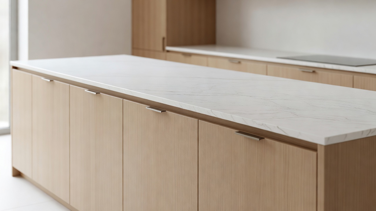 Beautiful residential luxury kitchen design featuring white oak flat panels