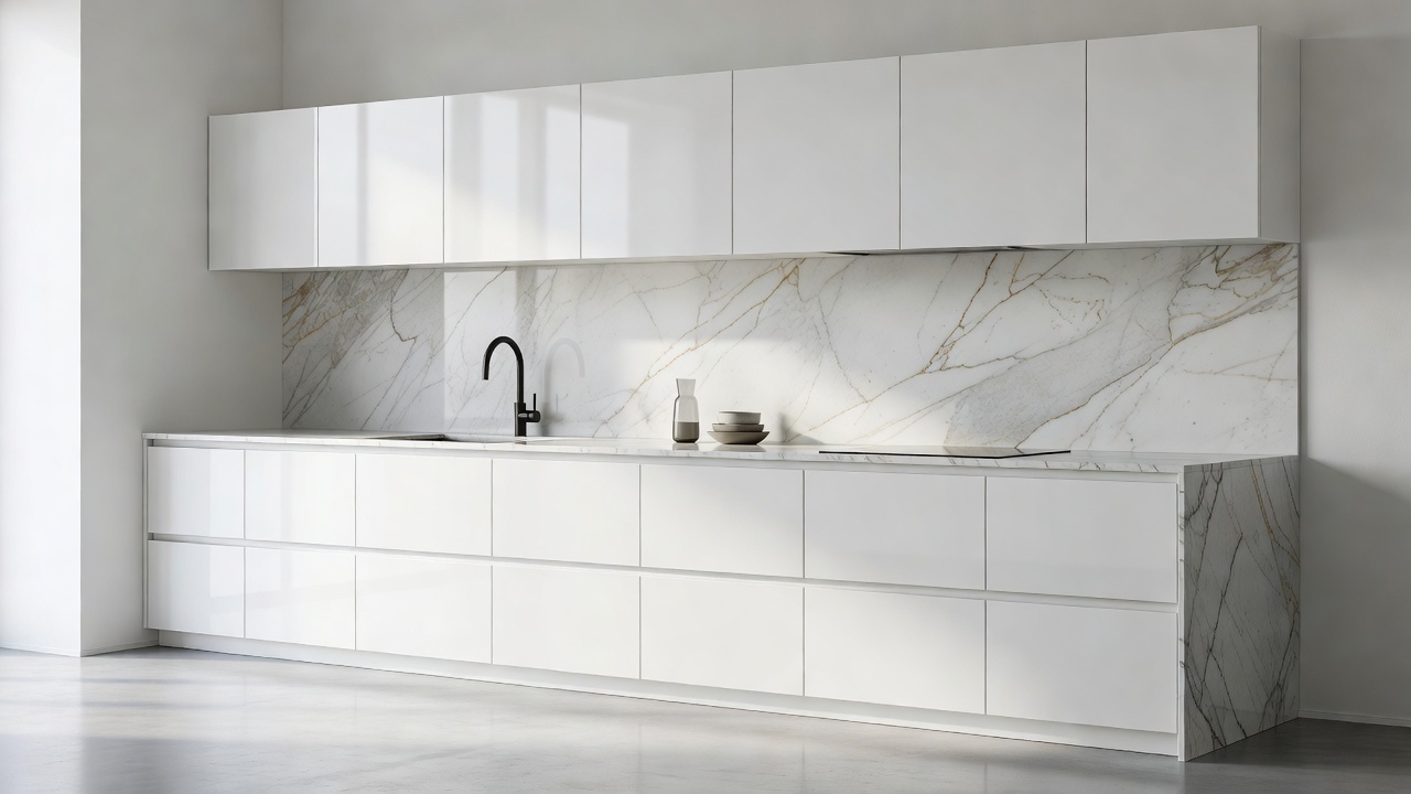 Exquisite modern minimalist kitchen featuring flat-front custom white lacquered cabinets and premium marble backsplash