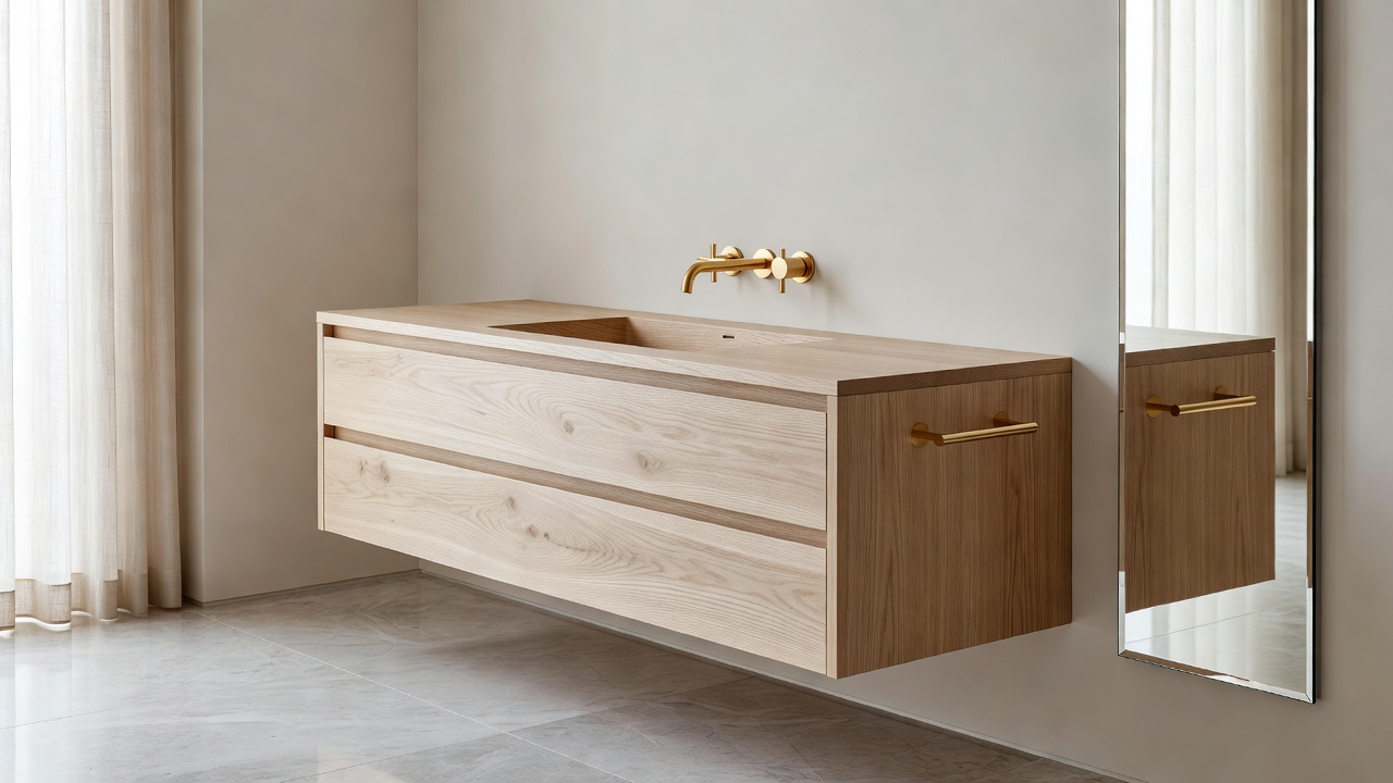 Luxury floating bathroom vanity crafted from light-toned solid ash with gold premium plumbing hardware