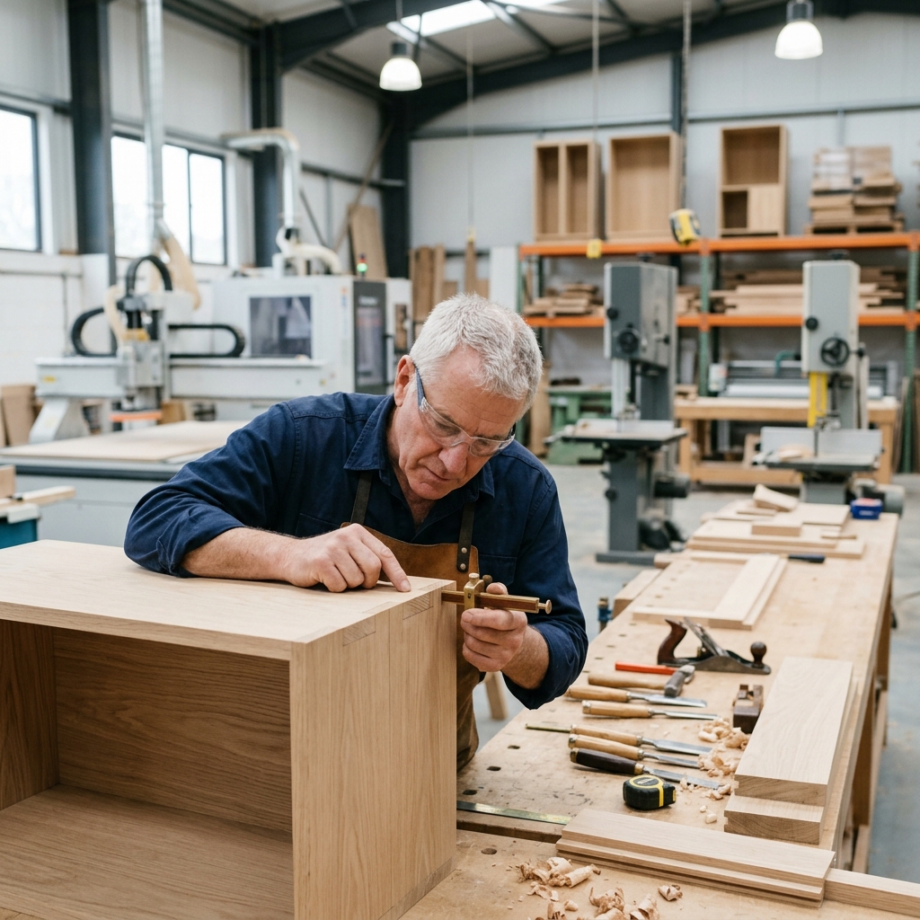 Master woodwork engineer examining custom timber cabinet joints in our state of the art facility