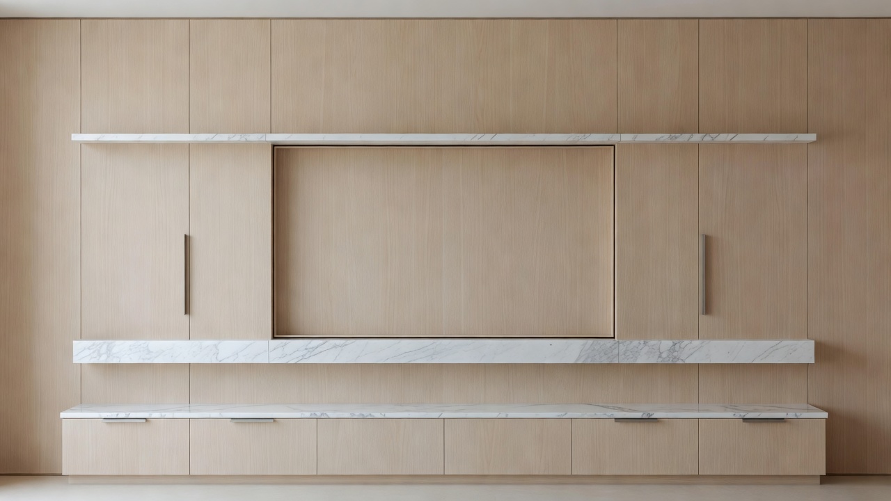 Minimalist light wood wall media center with clean integrated hardware and marble details