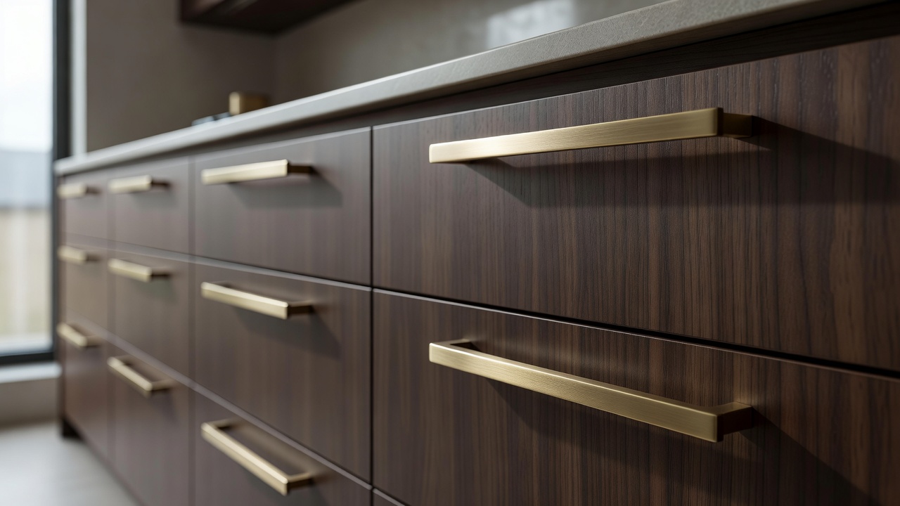 Muted brushed brass metal kitchen pull detailing