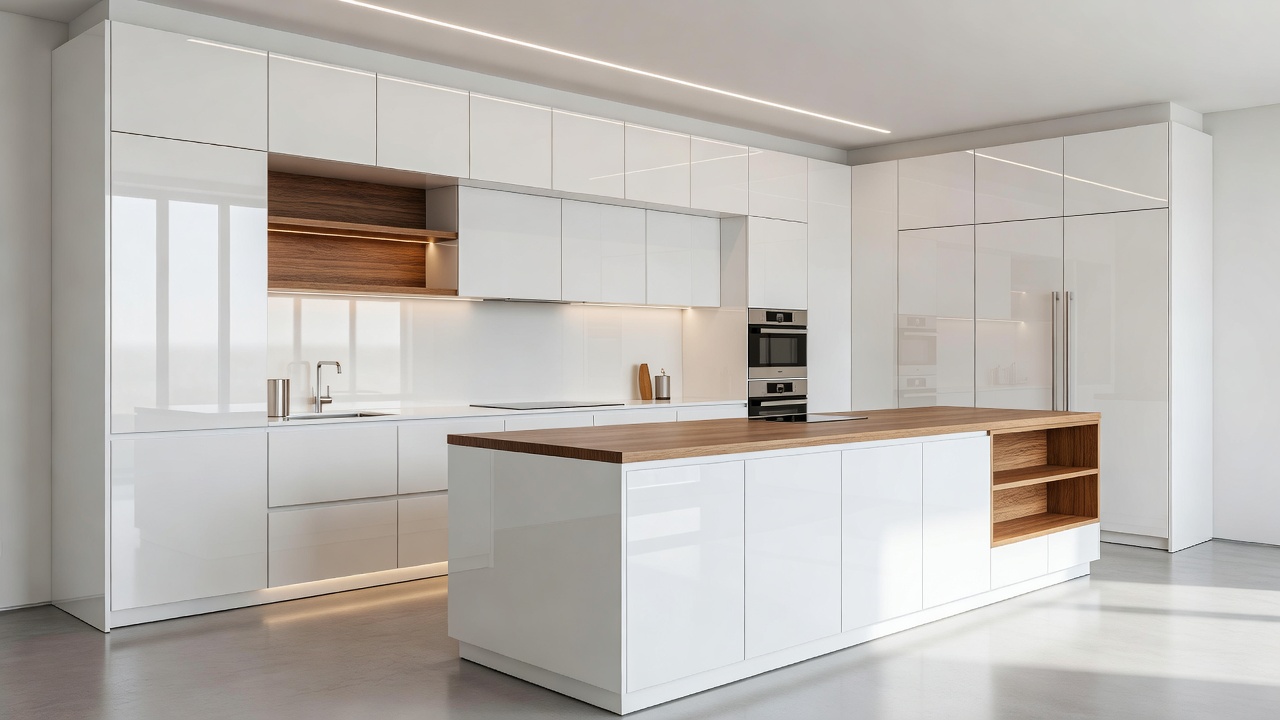 Seamless high-gloss modern white kitchen with wood details