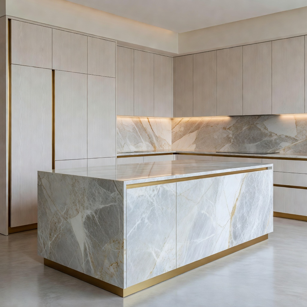 Sleek modern luxury kitchen featuring clean white oak veneer cabinets, an expansive marble island, integrated appliances, and recessed gold detailing