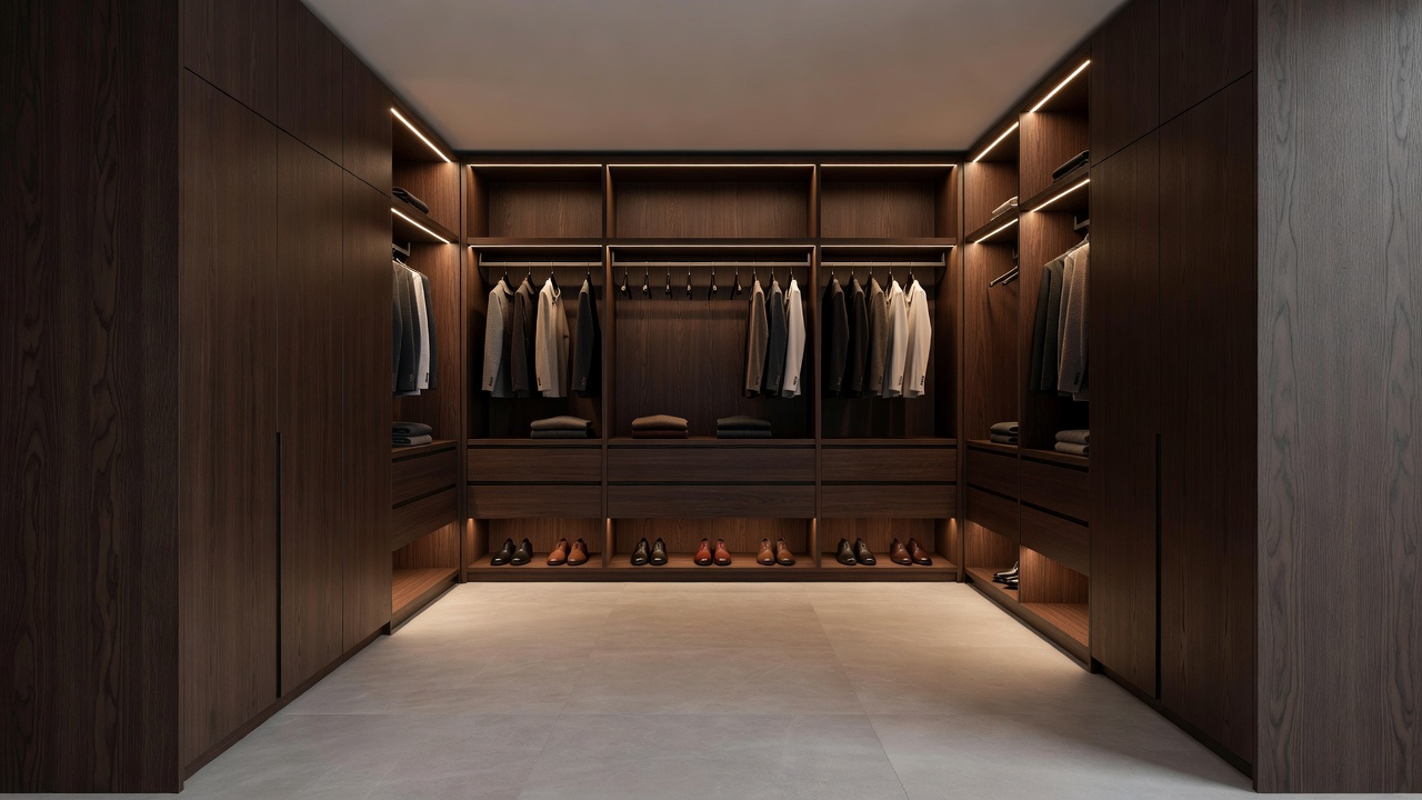 Spacious minimalist custom walk-in closet with dark stained oak cabinets and soft warm integrated LED strip illumination