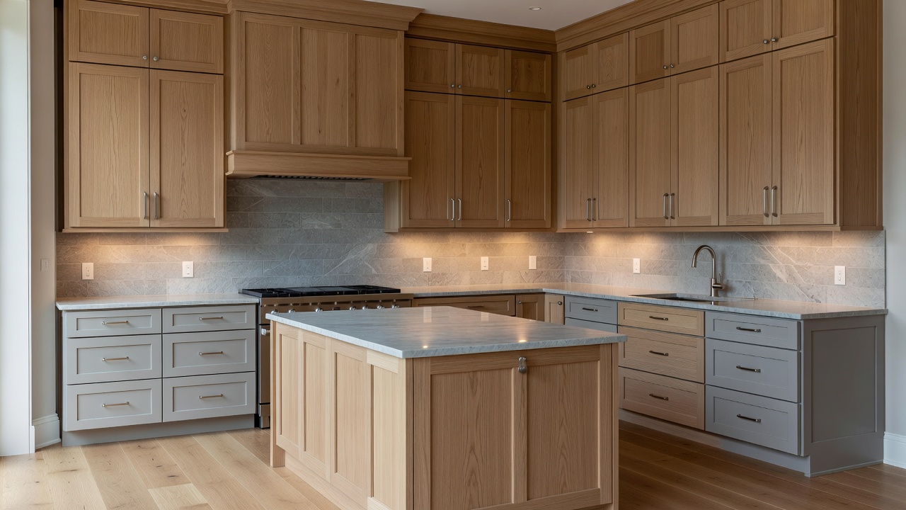Stately transitional kitchen with traditional shaker cabinets and soft grey accents