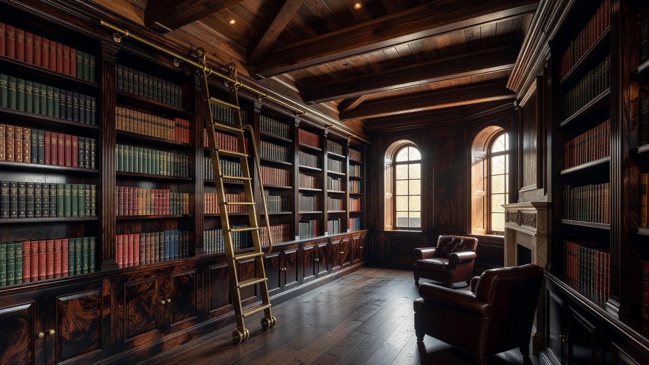Stunning custom luxury dark wood residential library with matching ceiling timber profiles and classic rolling ladder rail