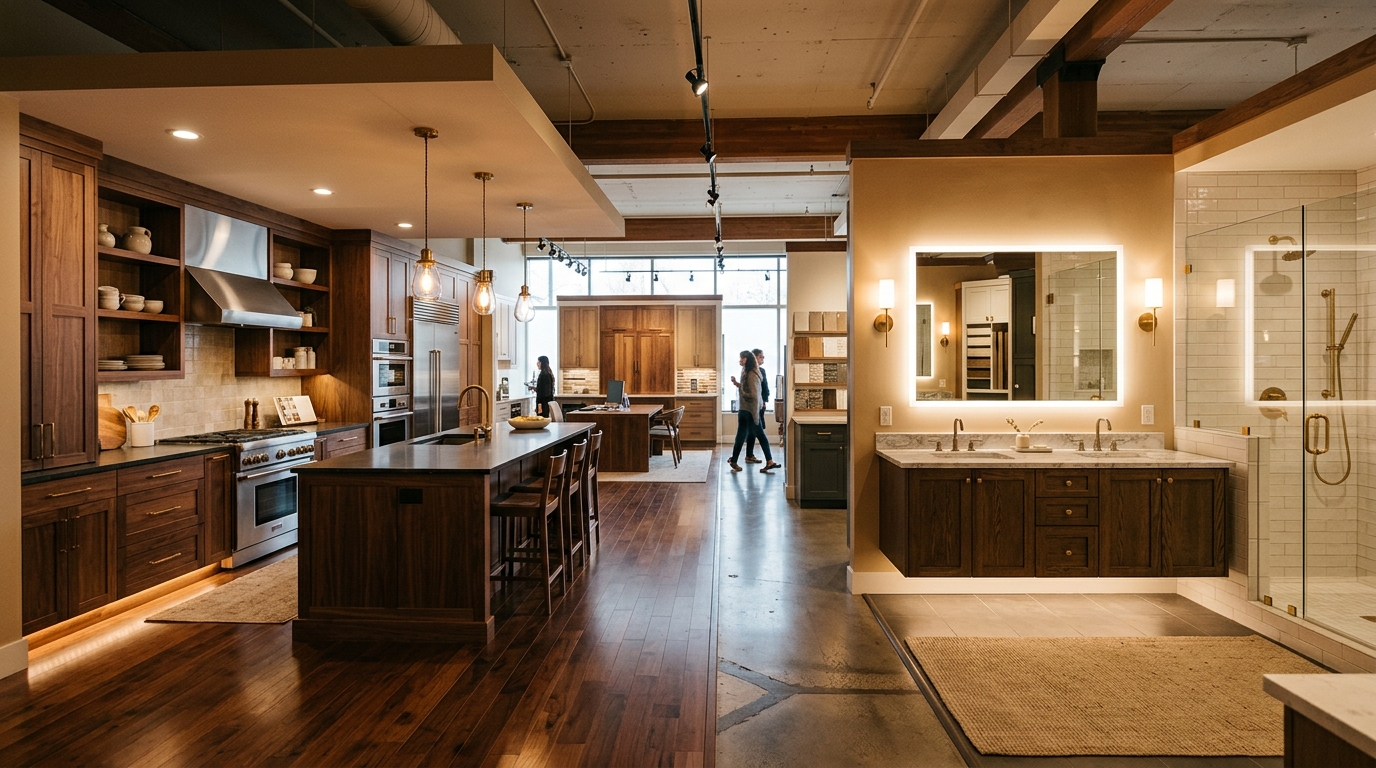 Stunning physical showroom interior displaying warm lit custom kitchens and bathroom vanity cabinetry