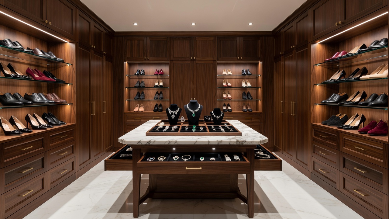 Symmetrical bespoke walk-in wardrobe closet featuring integrated shoe storage racks and jewelry island centerpiece