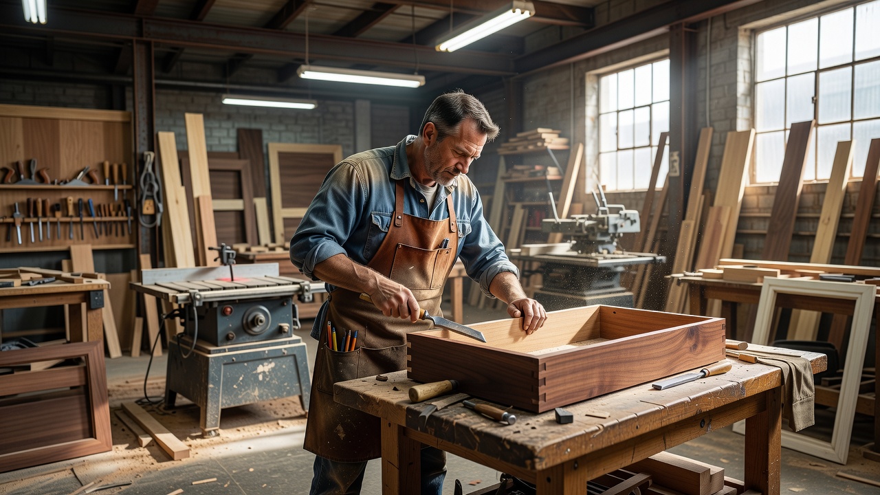 Wood craftsman using specialized tools inside a custom millwork facility